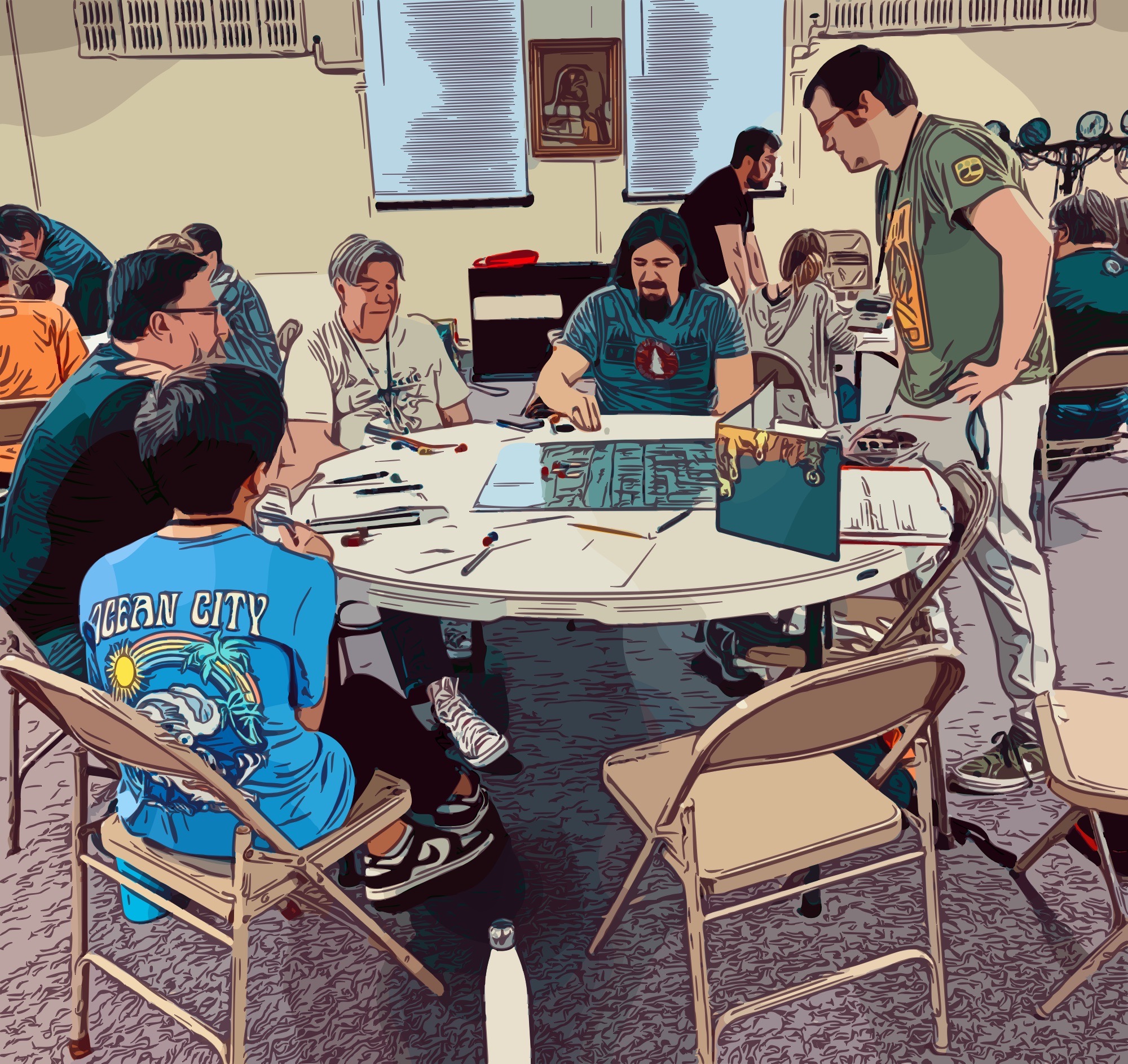 Comic Book image of players around a table.