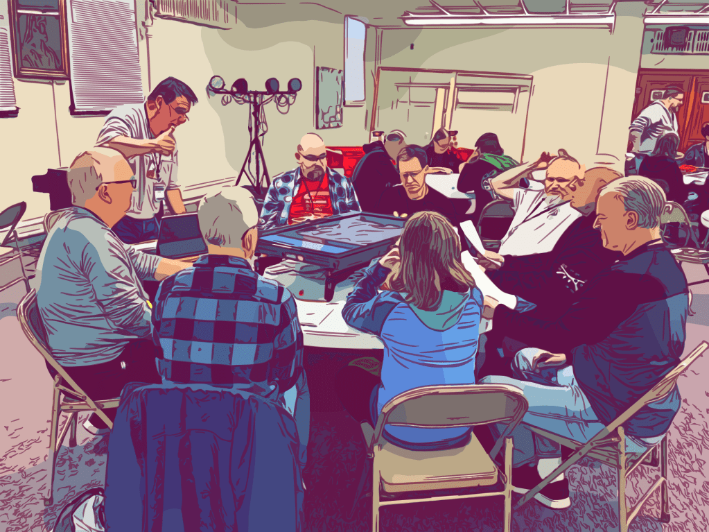 Players gathered as the GM expounds on the situation.