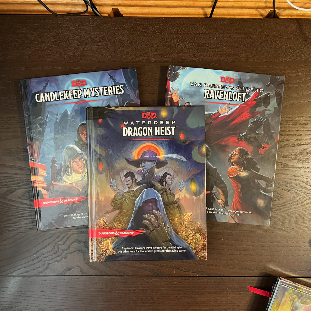 Left to right: Candlekeep Mysteries, Waterdeep Dragon Heist, and Van Richten's Guide to Ravenloft.