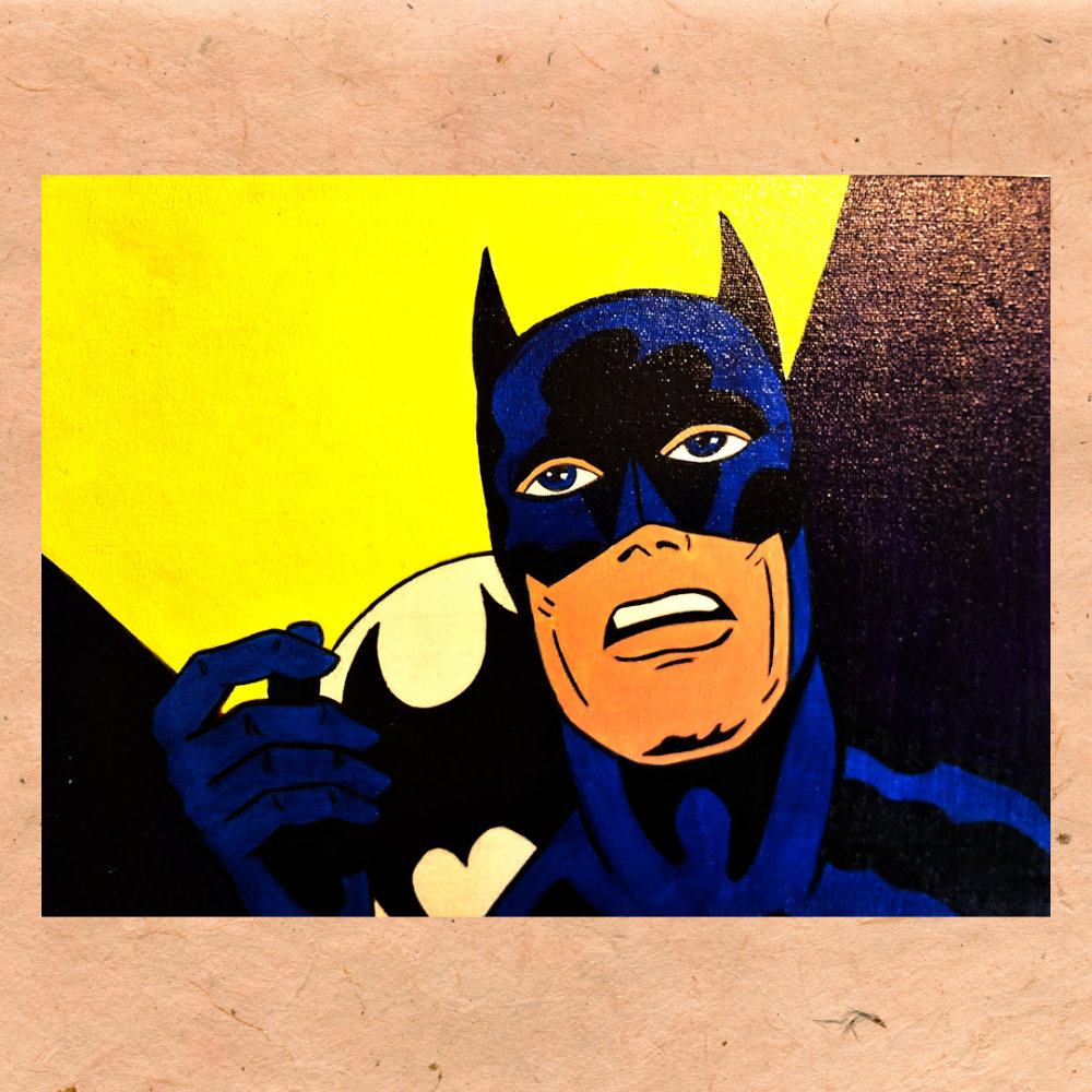 Batman, shocked. The bat signal is shining behind him.