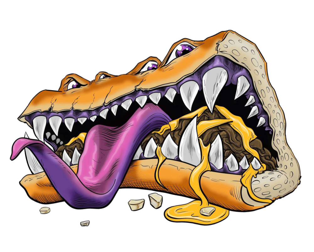 Phil E Cheesesteak, a cheesesteak mimic, drools whiz with menace.