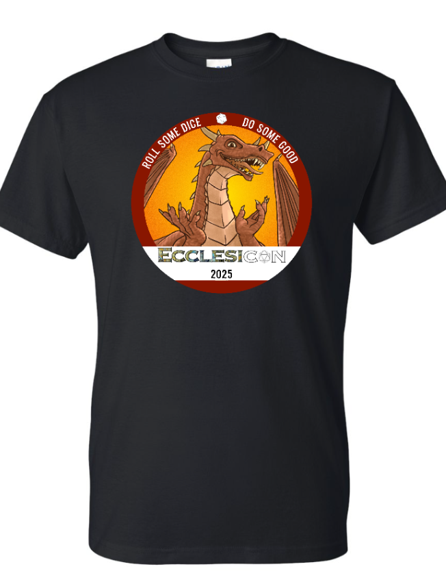 A black tee shirt with the Ecclesicon 2025 logo on the front.