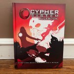 Cypher System Rulebook, red with images of figures from various fantastic genres.