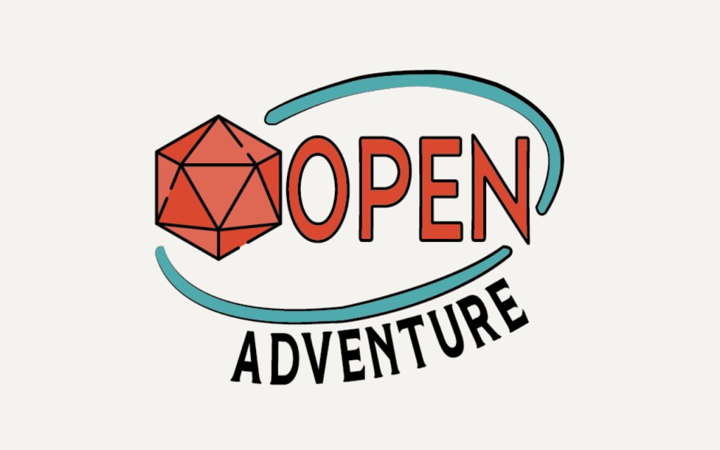 A rust-red d20 on the left, with the word “Open” to its right. A teal oval surrounds those elements, broken by the d20 and the lower point of the “N” in open. Below it, following the oval’s arc, is the world “Adventure.”