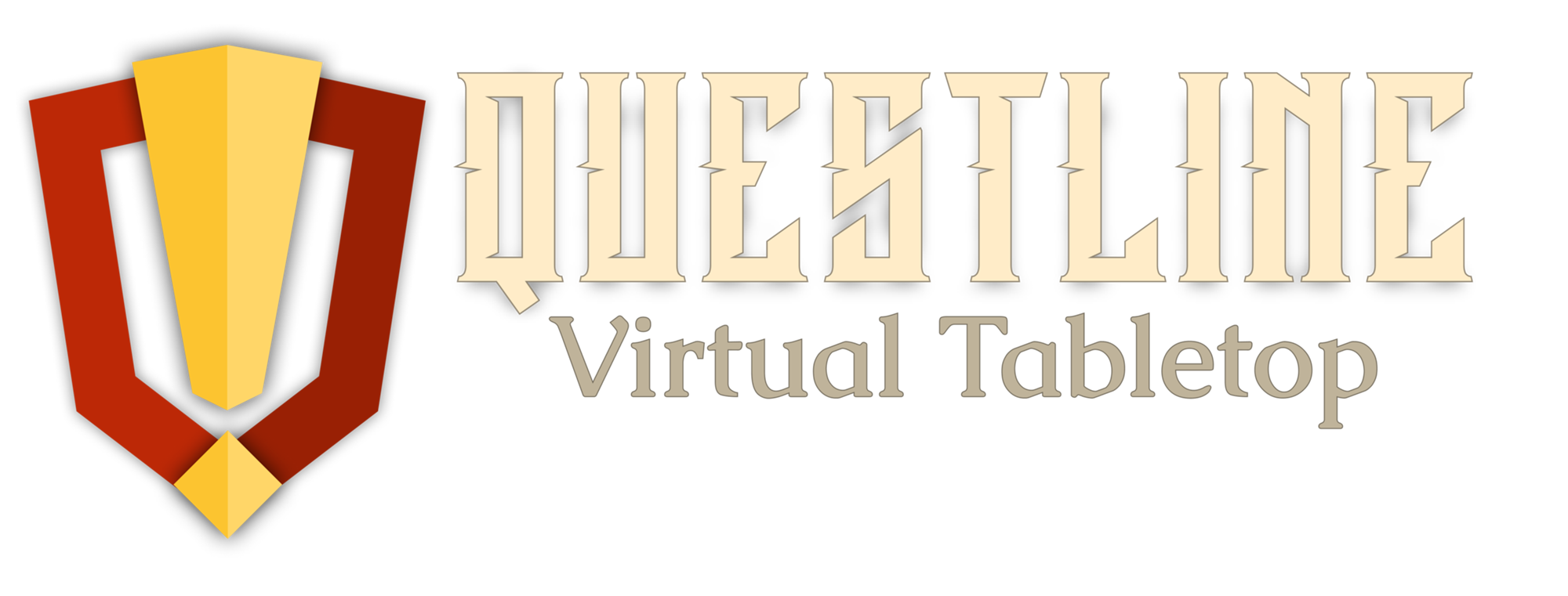 A yellow exclamation point over top the outline of a red shield. To the right is "QUESTLINE" and the words, "Virtual Tabletop" underneath.