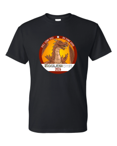 A black tee-shirt with the Ecclesicon 2026 logo on the front. The logo is a friendly red dragon with his hands up in a maniacal "lovely" pose. He is inside a circular field with the words "roll some dice, do some good" arched above him. A banner with "Ecclesicon 2026" crosses the circle near the bottom.