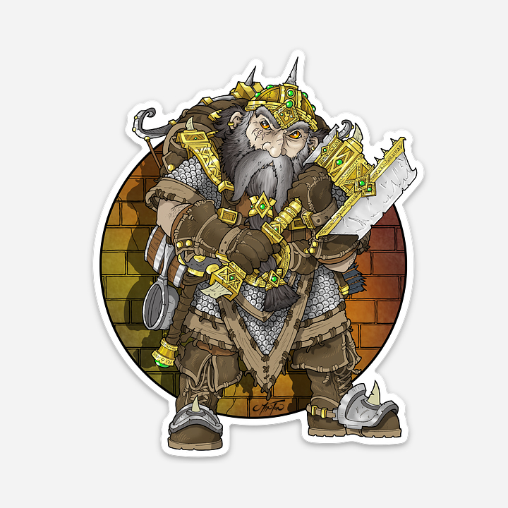 The artist depicted as a comic-style fantasy warrior, holding MANY weapons.