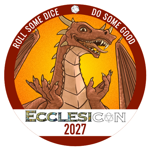 Steve the Dragon in a circular field, with the motto “Roll some dice, do some good” in an arc above him. A banner across the image reads “Ecclesicon 2027"